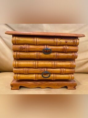 vintage jewelry trinket box carved wood faux bamboo 2 drawers brass pulls